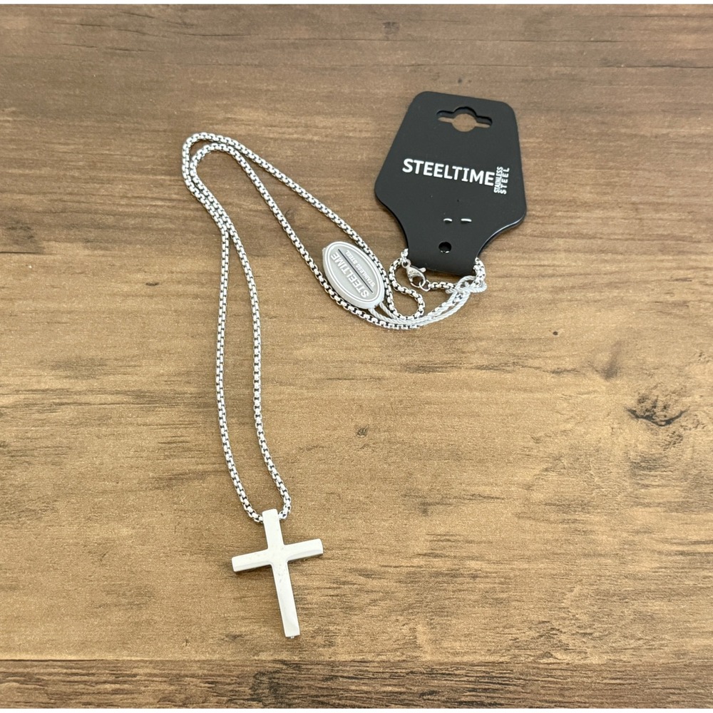 Steeltime Stainless Steel Cross Pendant Necklace Silver Tone Box Chain NEW